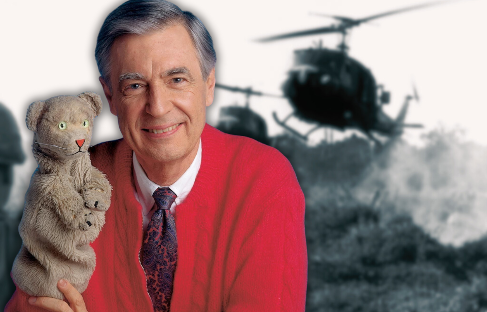 American soldiers running toward Bell UH-1 Iroquois helicopters hovering over an open field + Portrait of Fred Rogers