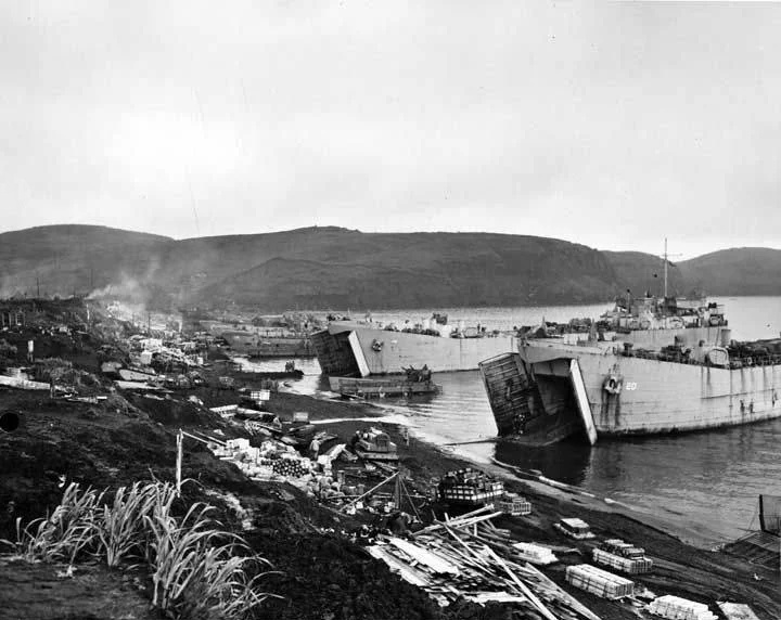 Supplies and landing craft along the coast of Kiska Island