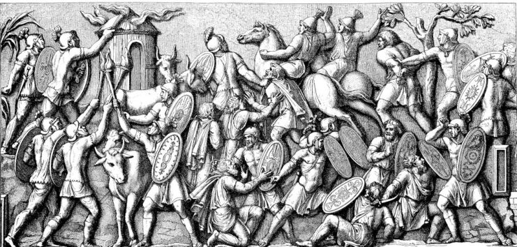 Illustration of ancient Roman soldiers destroying a Germanic village