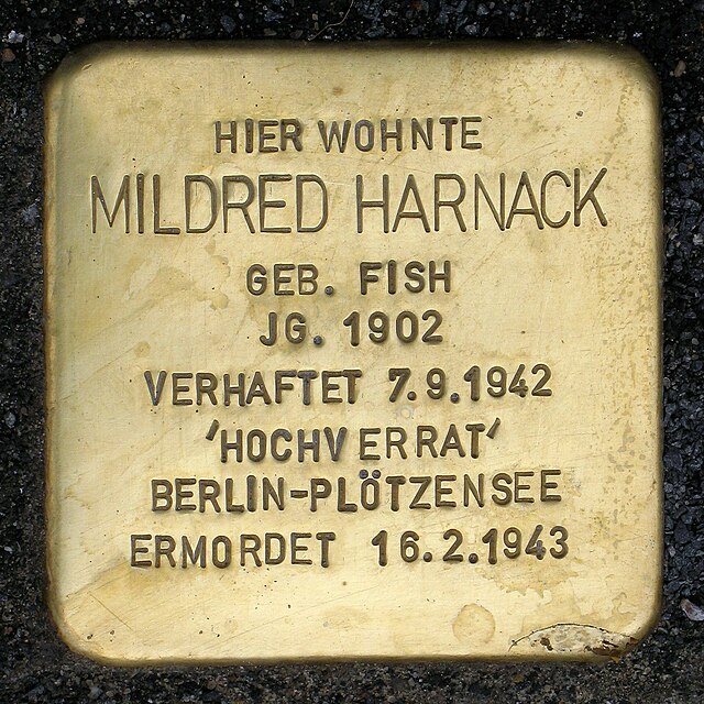 Close-up of the Stolperstein for Mildred Fish-Harnack