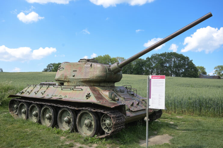 A T34/85 main battle tank of the Soviet Army outside on the grass. 