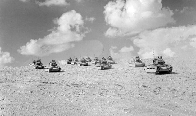 British Matilda tanks move forward at Tobruk.