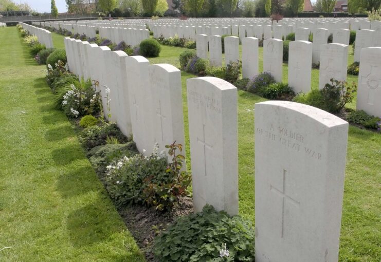 Close-up of gravestones at Tyne Cot Cemetery