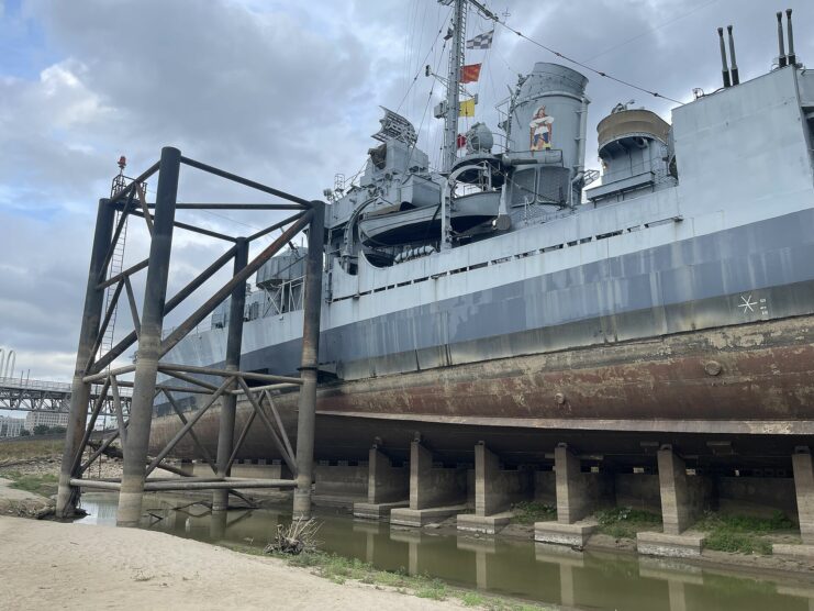 Close up of the USS Kidd (DD-661) moored in the Mississippi River