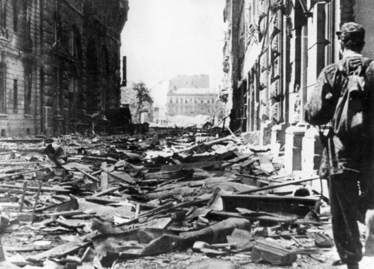 Polish Resistance fighter standing in a street filled with rubble and debris