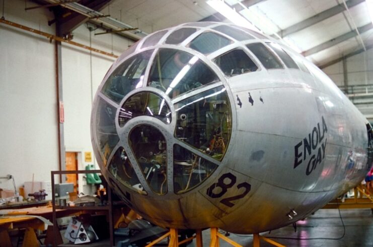 Cockpit of the Boeing B-29 Superfortress 'Enola Gay' in a storage facility