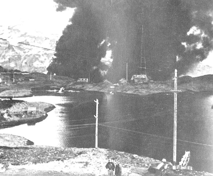 Smoke rising into the air at Dutch Harbor, Alaska