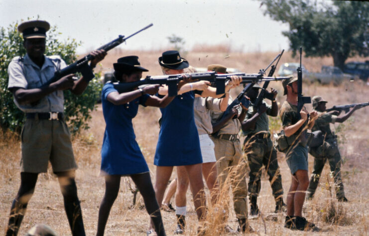 Members of the British South Africa Police (BSAP) firing their weapons