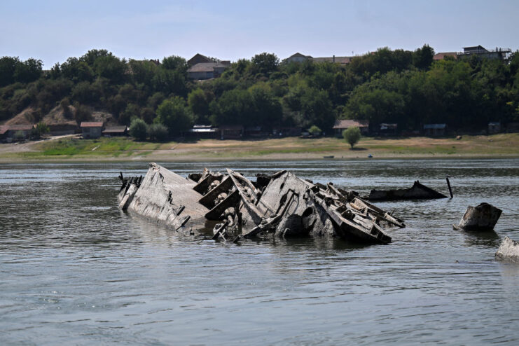 Shipwreck half-submerged in the Danube