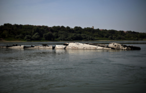 Shipwreck half-submerged in the Danube