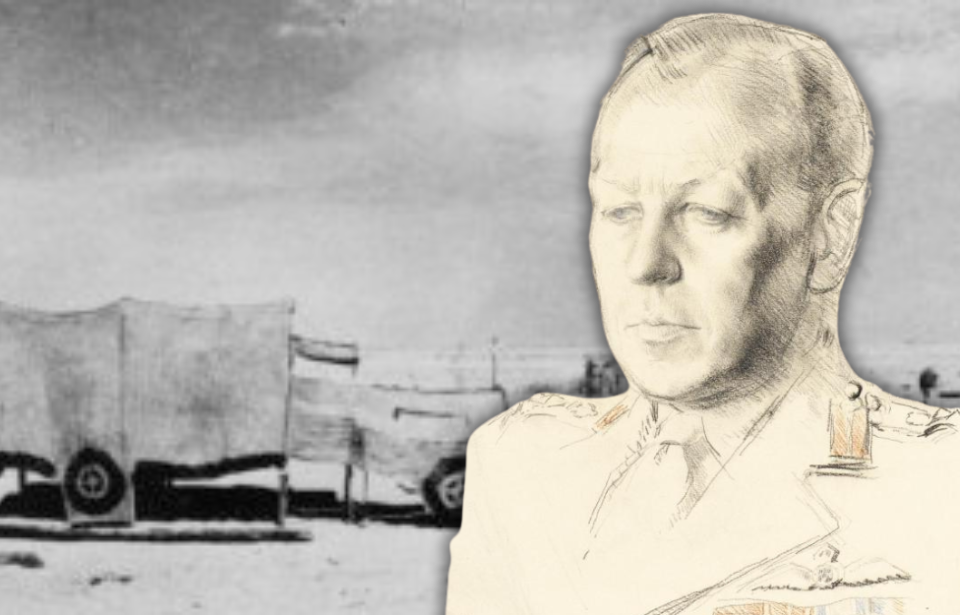 Dummy vehicle in the middle of the desert + Pencil portrait of Dudley Clarke