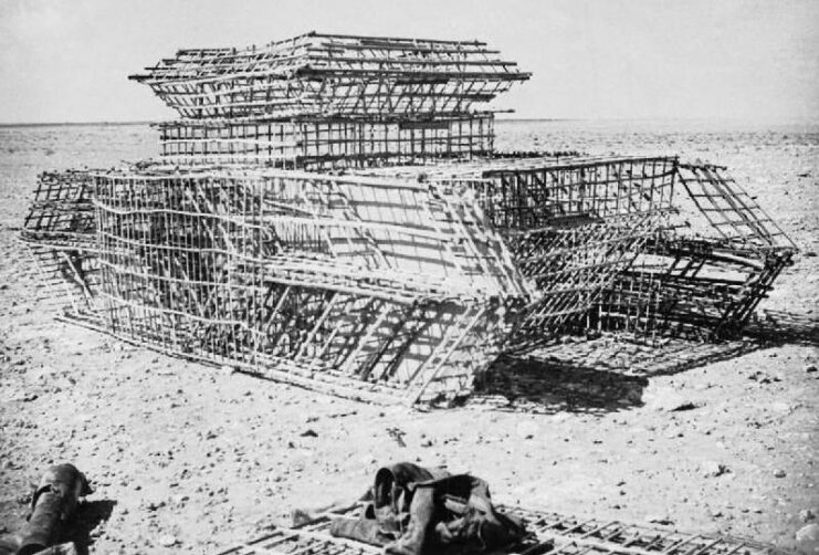 Wooden structure of a dummy tank in the desert