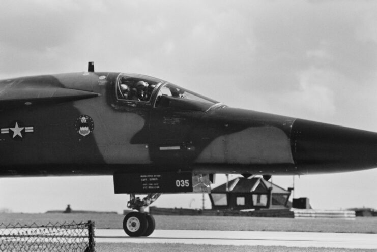 A General Dynamics F-111F Aardvark of the US Airforce getting ready to takeoff. 