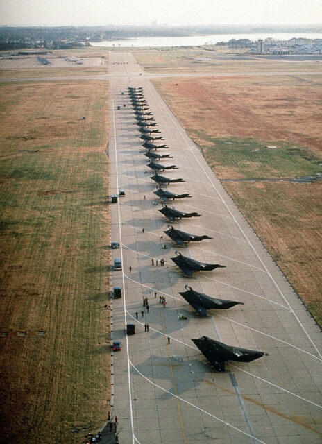 Lockheed F-117A Nighthawks lined up on the airstrip at Tonopah Test Range (TTR)