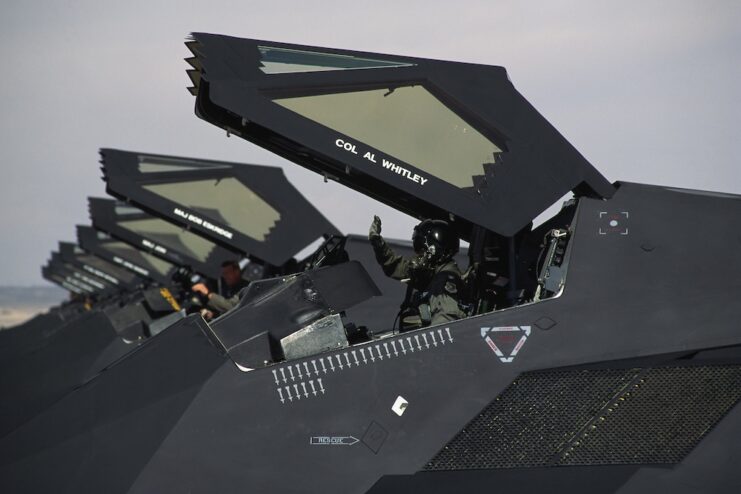 Lockheed Martin F117A Nighthawks lined up. 