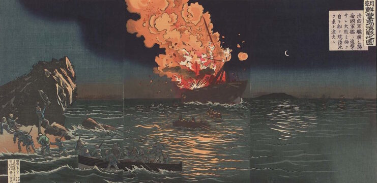 Painting of a naval battle taking place at night