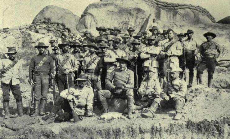 Frederick Selous standing with members of H Troop, Bulawayo Field Force