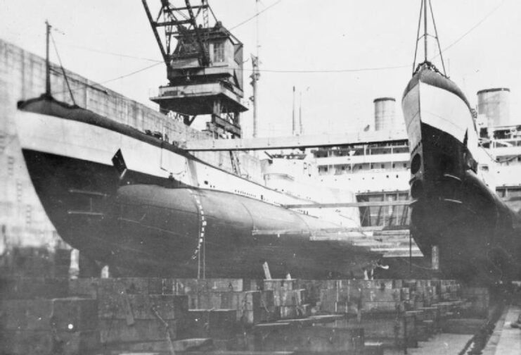 HMS Poseidon (P99) and Proteus (N29) in drydock