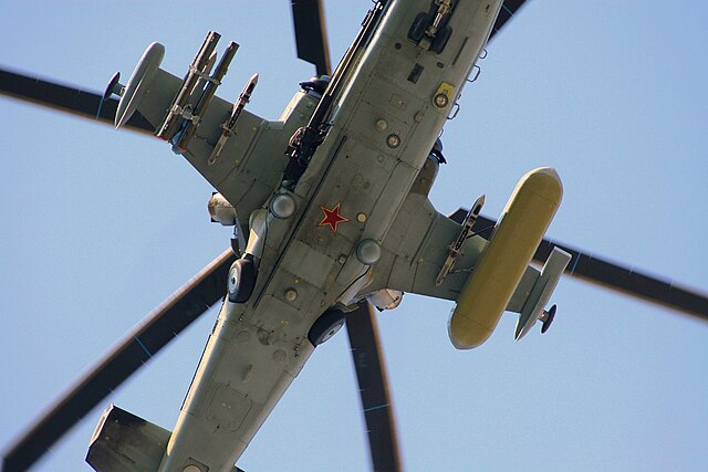 View of the under part of an airborne Kamov Ka-50 "Black Shark"