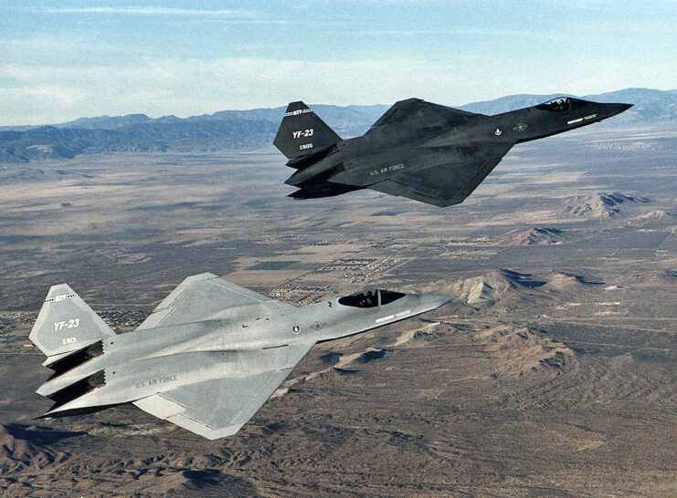 Two Northrop YF-23s in flight