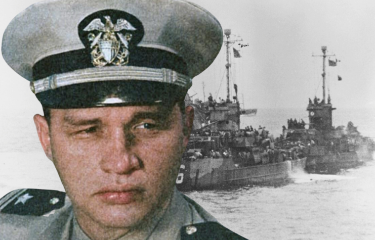 Two Landing Craft Support ships coming up behind the damaged USS William D. Porter (DD-579) + Military portrait of Richard M. McCool, Jr.