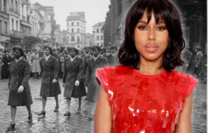 Members of the 6888th Central Postal Directory Battalion walking through a city street + Kerry Washington wearing a red dress