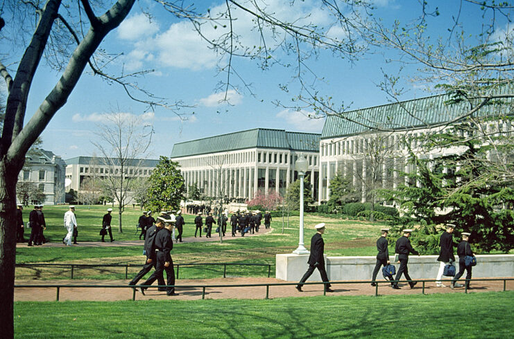 Recruits walking through the campus of the US Naval Academy