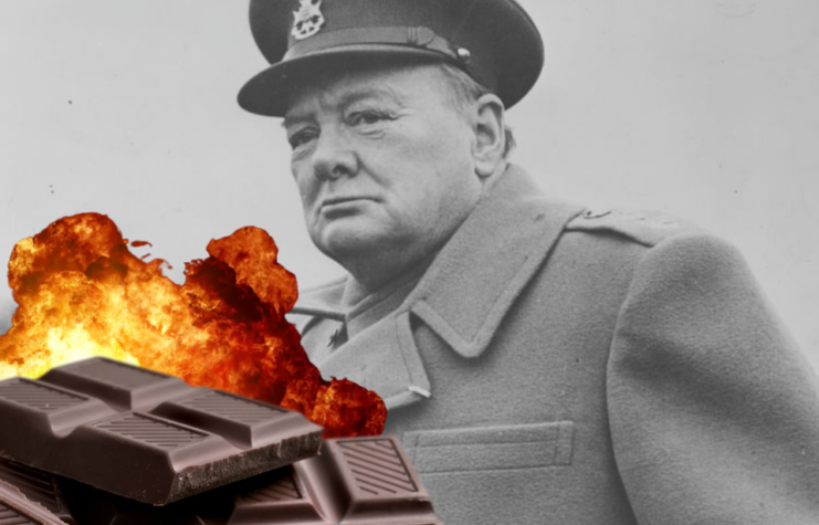 Winston Churchill standing outside + Slabs of dark chocolate + Explosion