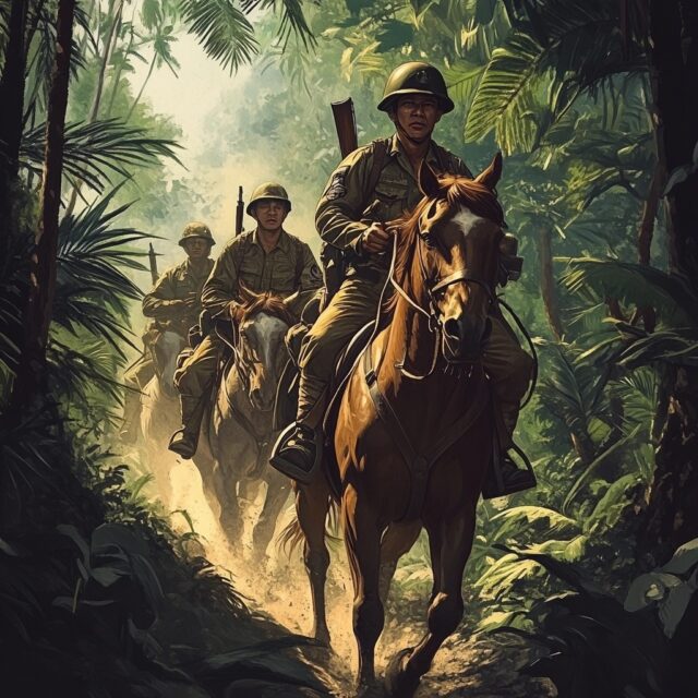 Three members of the 26th Cavalry Regiment riding on horseback through the Philippine jungle