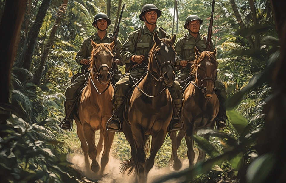 AI rendering of three members of the 26th Cavalry Regiment riding on horseback through the Philippine jungle