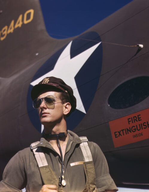 A test pilot wearing aviator sunglasses.