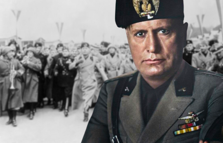 Benito Mussolini walking with soldiers + Portrait of Benito Mussolini