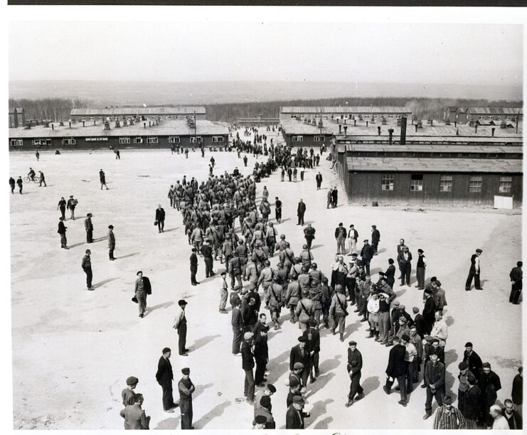 Aerial view of American soldiers walking through Buchenwald