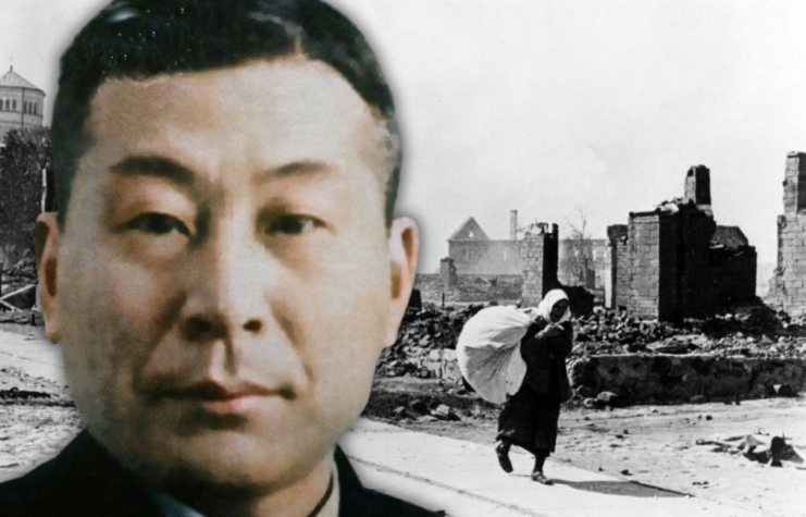 Lithuanian woman walking through a ruined city + Portrait of Chiune Sugihara