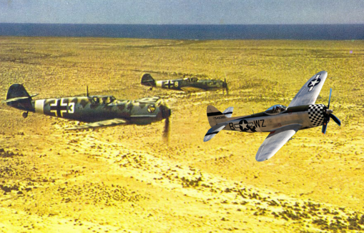 Two Messerschmitt Bf 109s in flight + Republic P-47 Thunderbolt in flight