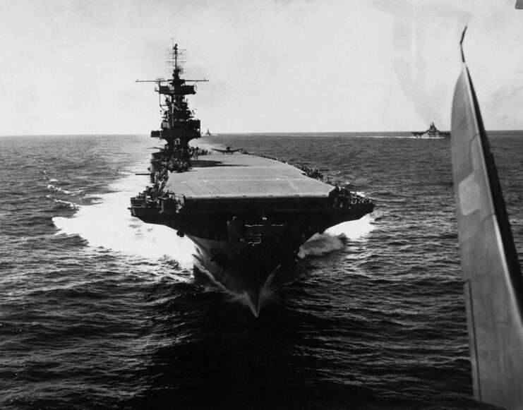 USS Enterprise (CV 6) underway from the front.