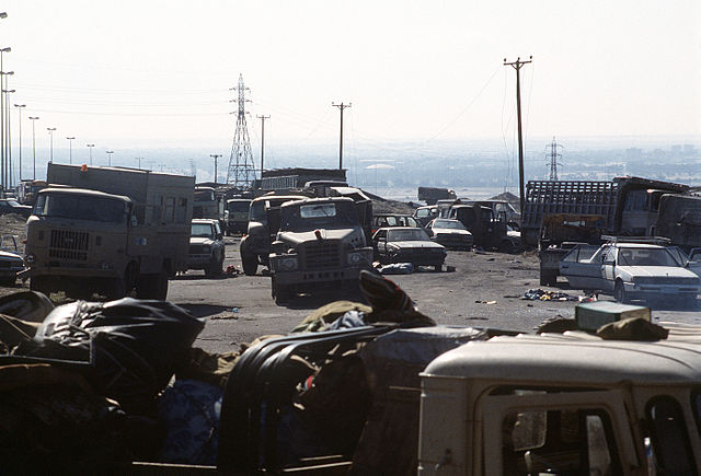 Destroyed military vehicles along Highway 80, also known as the Highway of Death