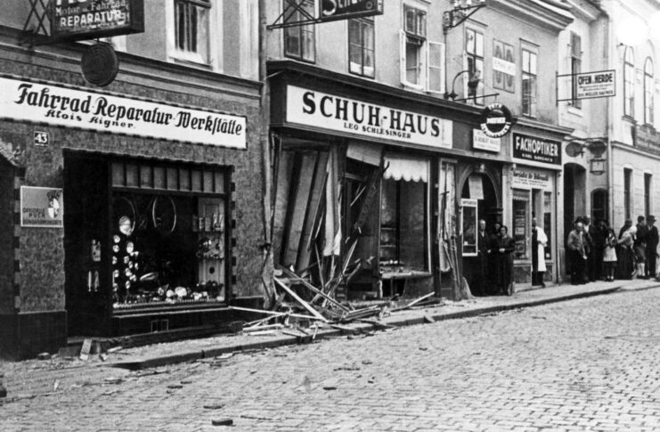 Store fronts with damaged front windows