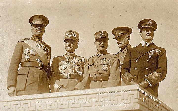 Jules Jacques de Dixmude; Armando Diaz, 1st Duke della Vittoria; Ferdinand Foch; John J. Pershing; and David Richard Beatty, 1st Earl Beatty standing together