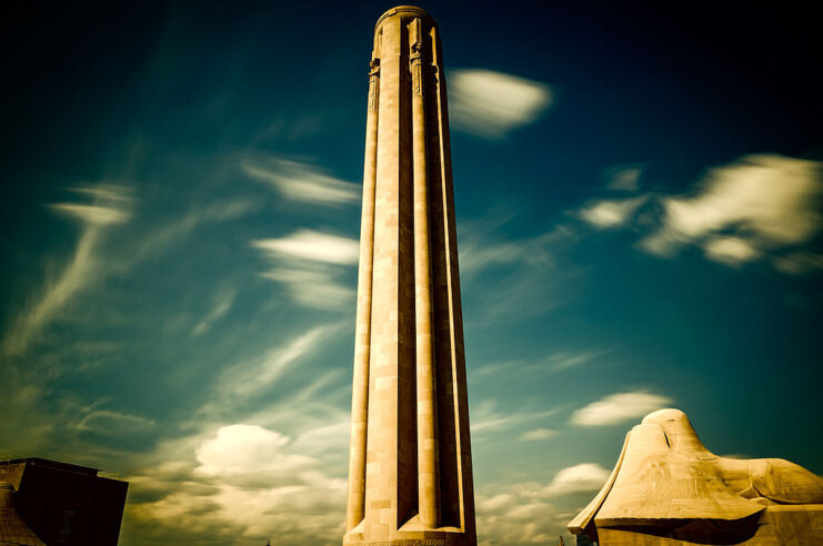 Close-up of the Liberty Memorial at the National WWI Museum and Memorial on a slightly cloudy day