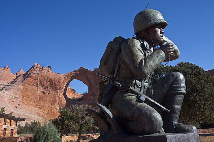 Statue of a Navajo code talker situated outside