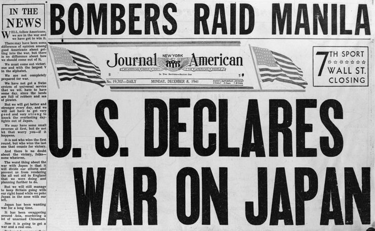 Front page of the New York Journal American, reading, "U.S. DECLARES WAR ON JAPAN"