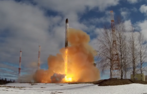 RS-28 Sarmat intercontinental ballistic missile (ICBM) being launched on a semi-cloudy day