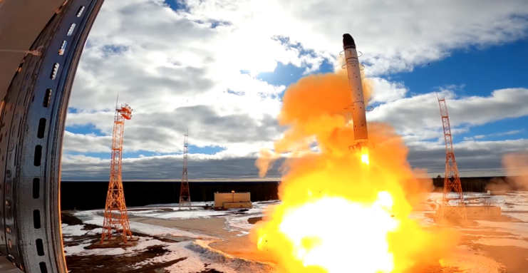 RS-28 Sarmat intercontinental ballistic missile (ICBM) being launched on a semi-cloudy day