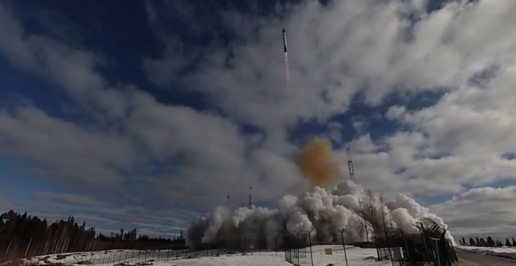 RS-28 Sarmat intercontinental ballistic missile (ICBM) being launched on a semi-cloudy day