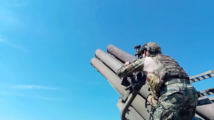 Russian soldier manning a multiple launch rocket system (MLRS)