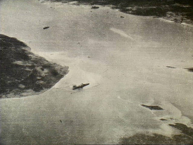 Aerial view of Tirpitz moored off the coast of Håkøya