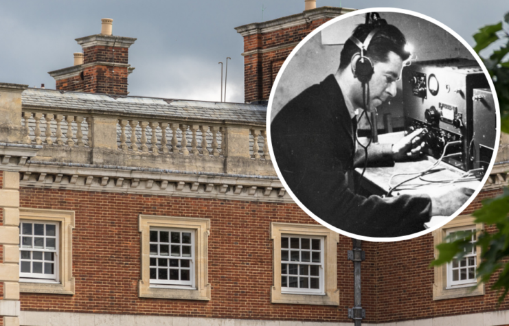 Exterior of the mansion at Trent Park + Wireless operator with the British Air Ministry listening to a radio