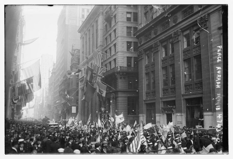 American citizens standing in the middle of a city street