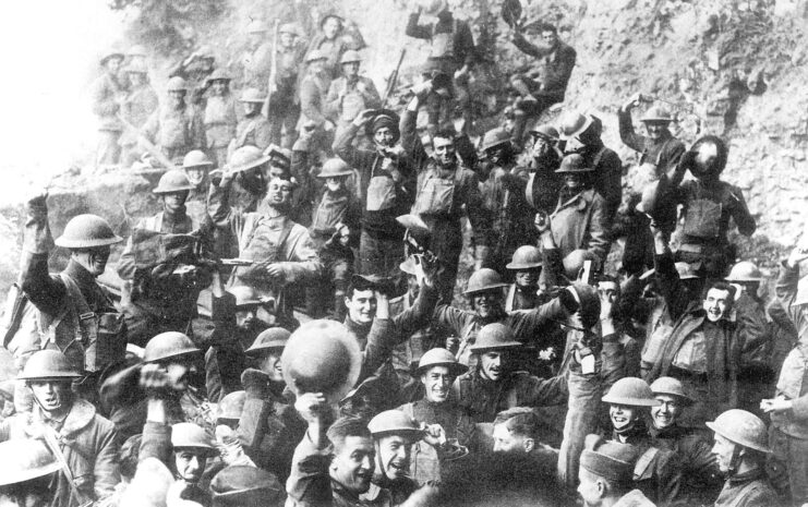 Group of US infantrymen celebrating in their military uniforms